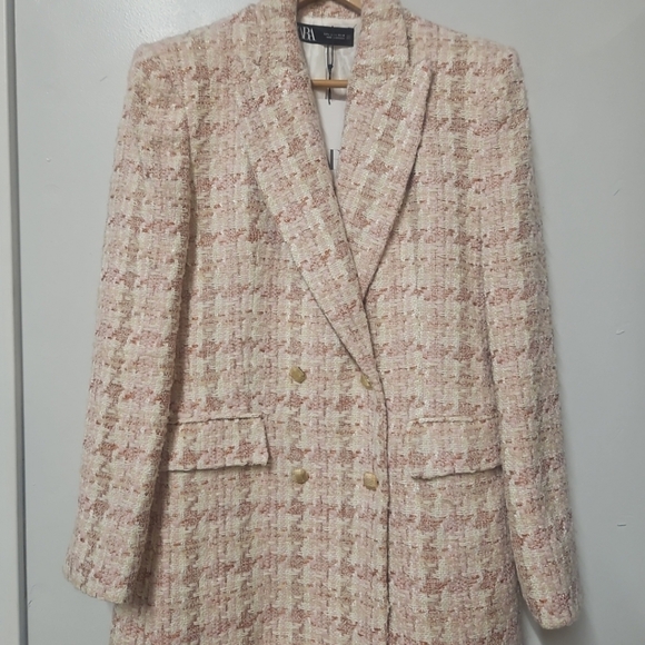 Zara Double Breasted Tweed Blazer Jacket Houndstooth  Siz LGold Buttons Two Fr - Picture 12 of 15
